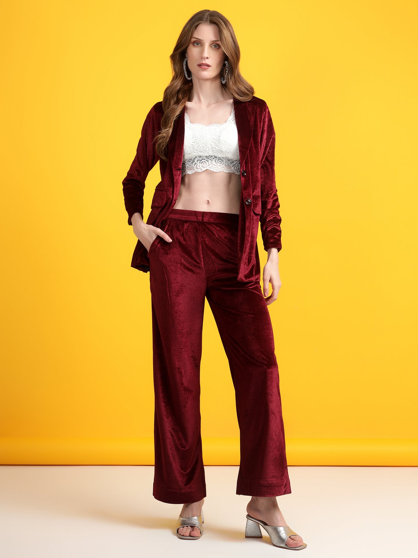 Golden Kite Black Solid Women Single-Breasted Velvet Blazer & Trouser set