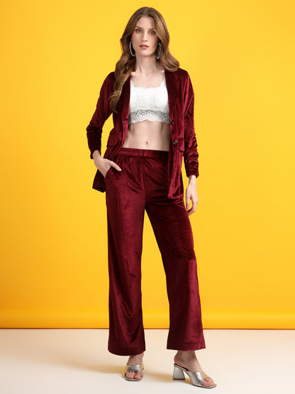 Golden Kite Black Solid Women Single-Breasted Velvet Blazer & Trouser set