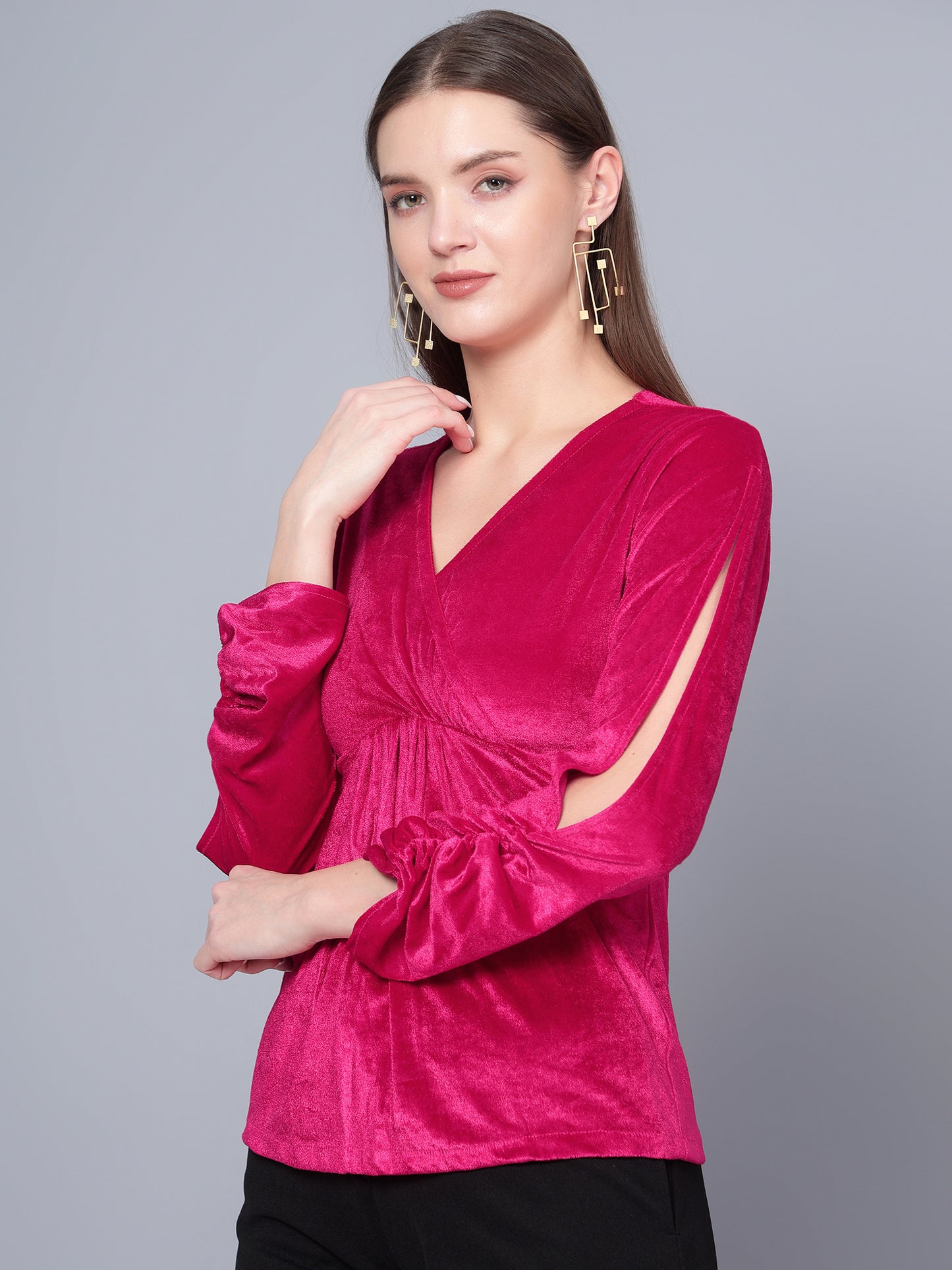 Golden Kite Black Women Solid Wrap Neck ,Sleeve Cut Gather detail Top