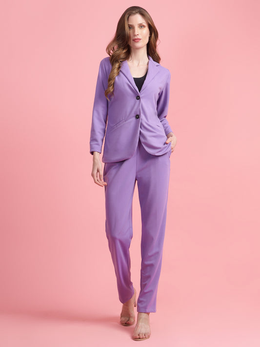 Golden Kite Women Purple Solid Single-Breasted Formal Classic Blazer & Trouser Set