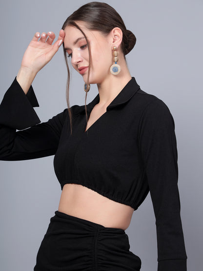 Golden Kite Trendy Black Solid Women Crop Top & Drape Skirt Set