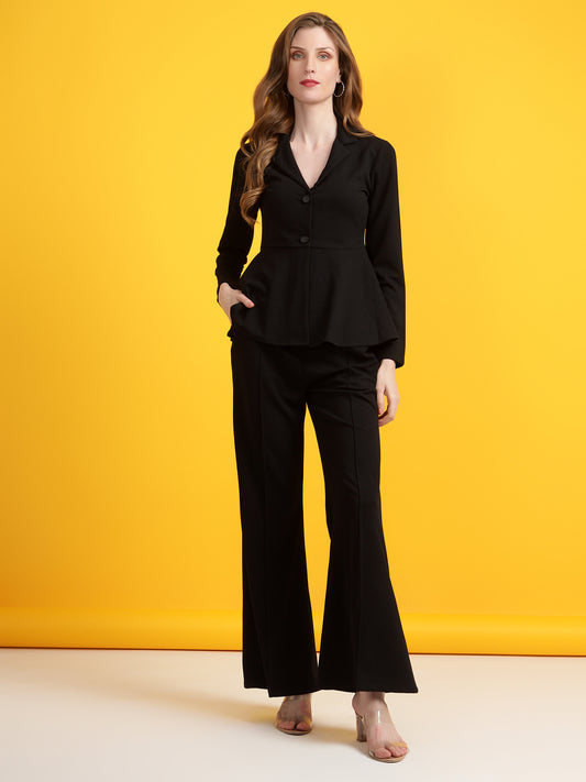 Golden Kite Black Women Solid A-Line Top & Flared Trouser Co-Ord Set