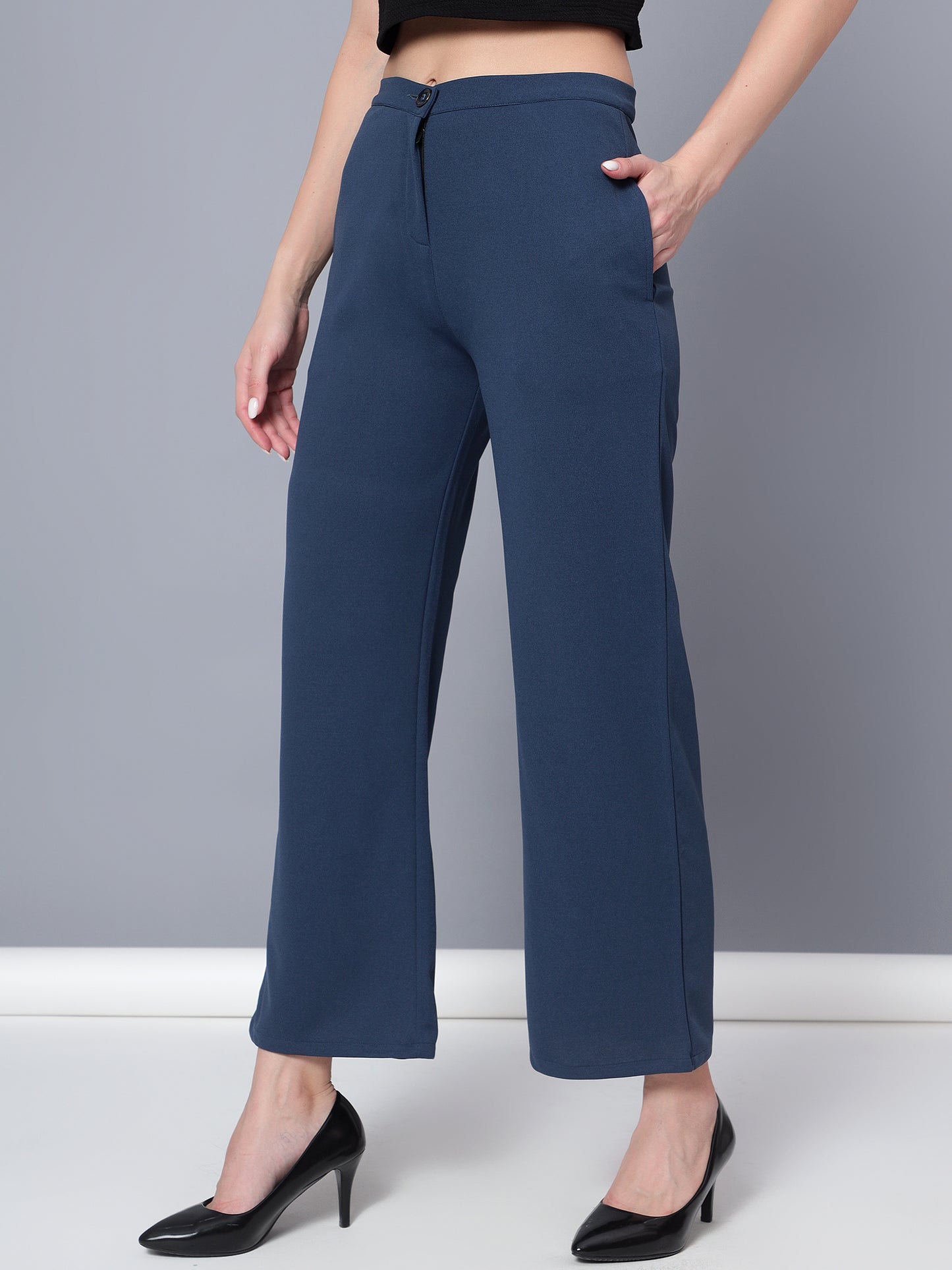 Golden Kite Solid High-Rise Trouser, has a elasticated waistband with button closure with zip fly & 2 pockets Casual Pant
