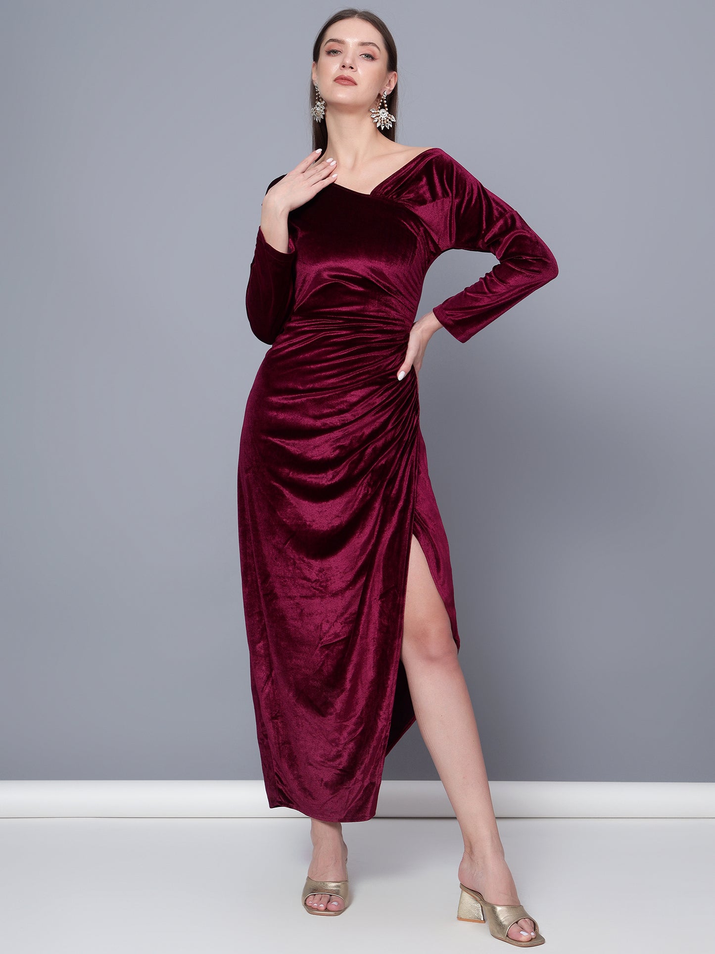 Golden Kite Black Solid Off-Shoulder ,Side Slit Dress