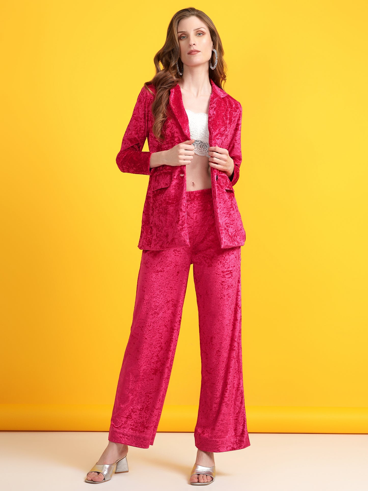 Golden Kite Black Solid Women Single-Breasted Velvet Blazer & Trouser set