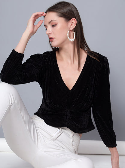 Golden Kite Black Women Solid V-Neck Crop Top Gather Detail