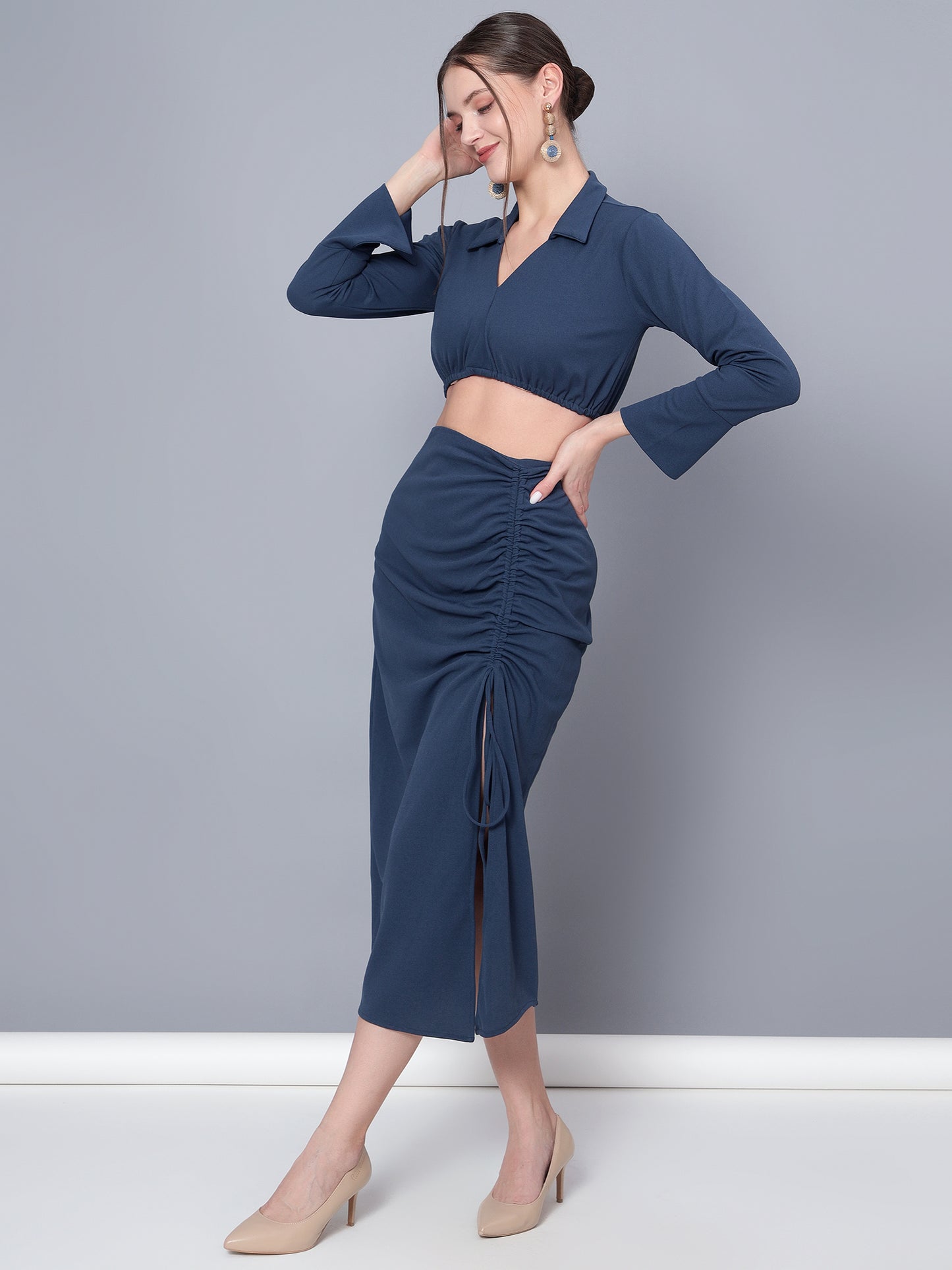 Golden Kite Trendy Black Solid Women Crop Top & Drape Skirt Set