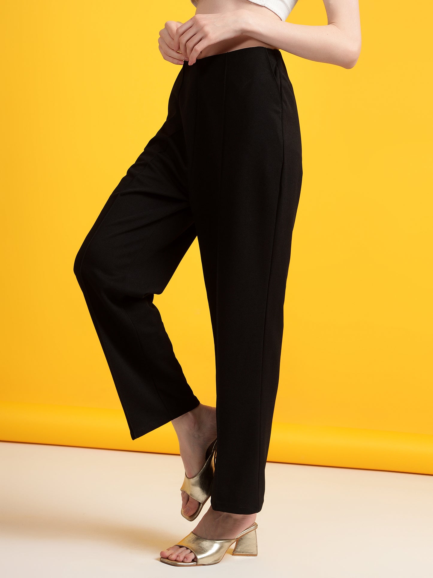 Golden Kite Black Solid High-Rise Trousers a slip on closure, and two pockets Casual Trouser