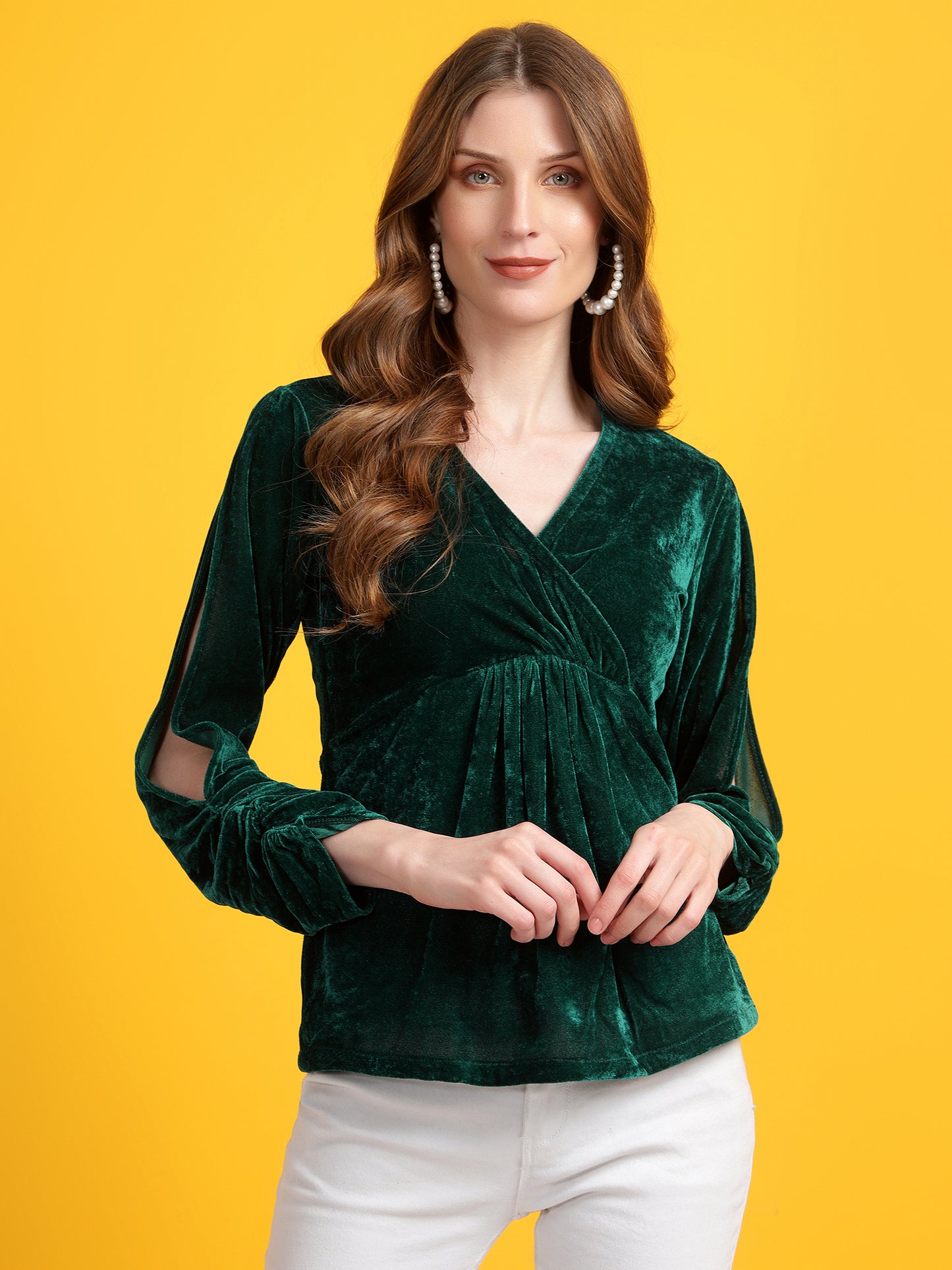 Golden Kite Black Women Solid Wrap Neck ,Sleeve Cut Gather detail Top