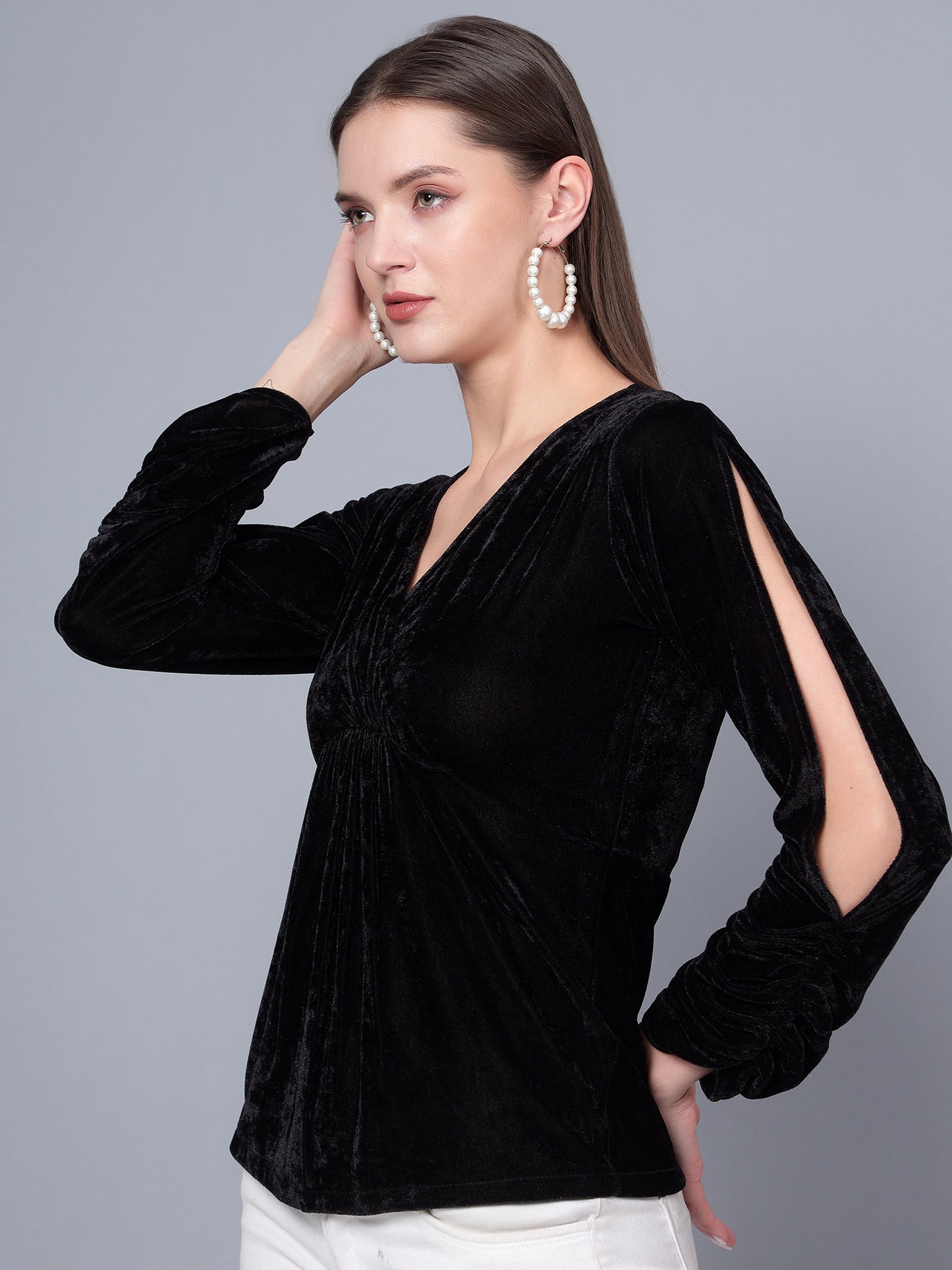 Golden Kite Black Women Solid Wrap Neck ,Sleeve Cut Gather detail Top