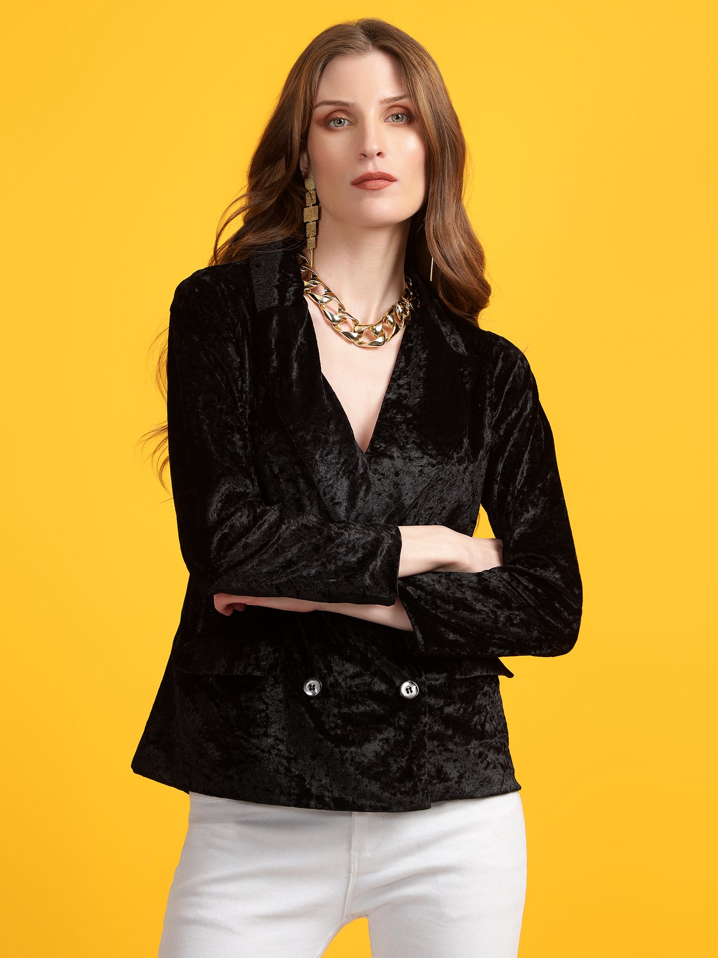Golden Kite Black Solid Women Double-Breasted Blazer