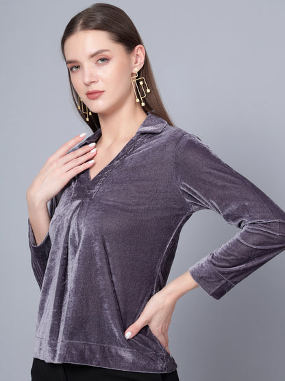 Golden Kite Black Solid Women V-Neck Collared Top