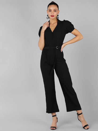 Golden Kite V-Neck Collar Puff Sleeve  Front Zip Jumpsuit Frill Detail