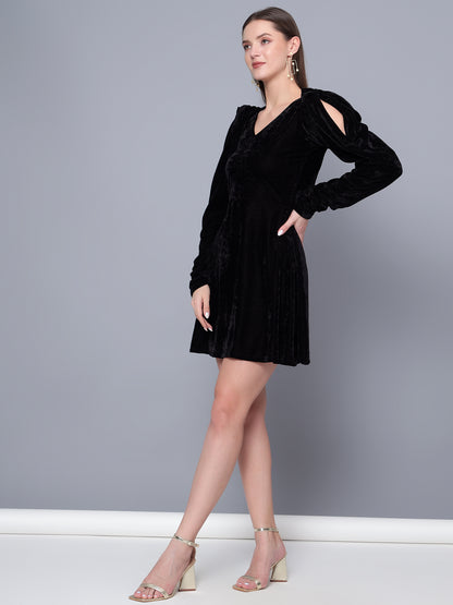 Golden Kite Black Solid A-line Midi Dress ,Cowl sleeve Detail