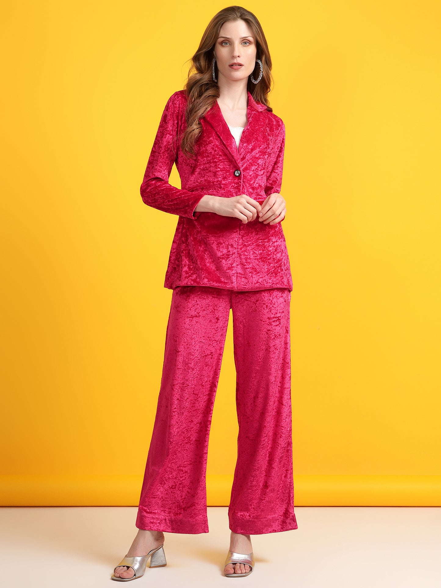 Golden Kite Black Solid Women Single-Breasted Velvet Blazer & Trouser set