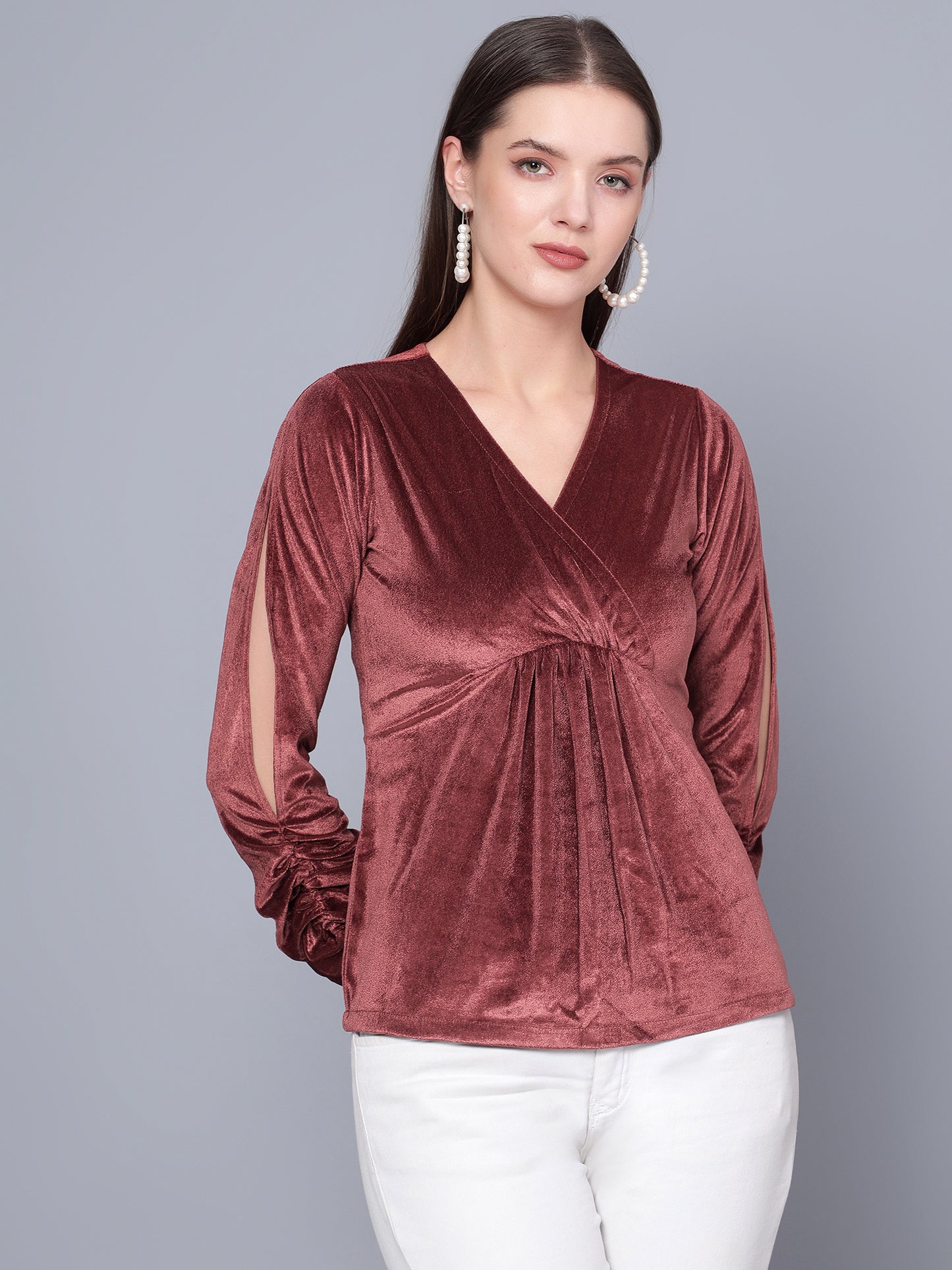 Golden Kite Black Women Solid Wrap Neck ,Sleeve Cut Gather detail Top