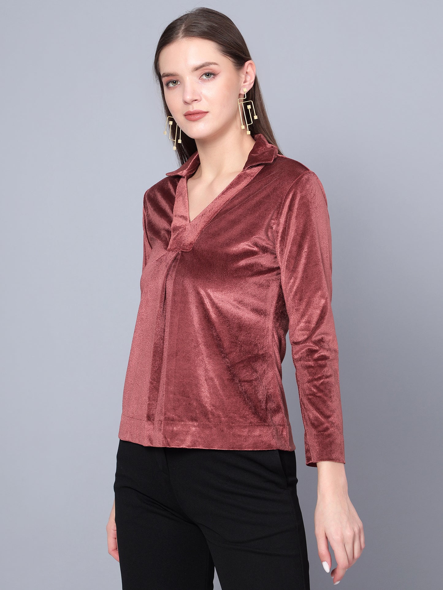 Golden Kite Black Solid Women V-Neck Collared Top