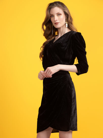 Golden Kite Black Solid Velvet Wrap ,Midi Puff sleeve Dress