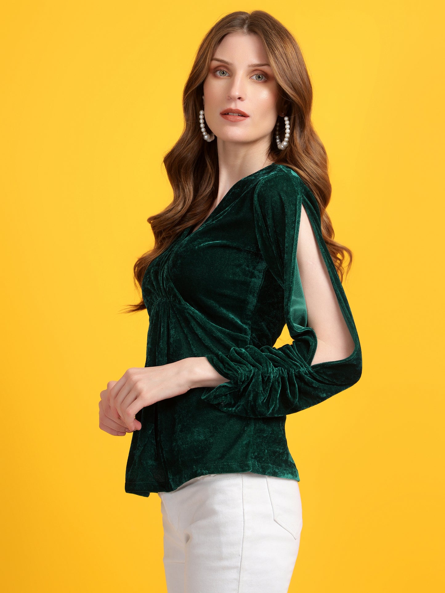 Golden Kite Black Women Solid Wrap Neck ,Sleeve Cut Gather detail Top