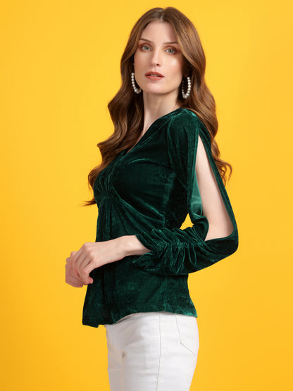 Golden Kite Black Women Solid Wrap Neck ,Sleeve Cut Gather detail Top