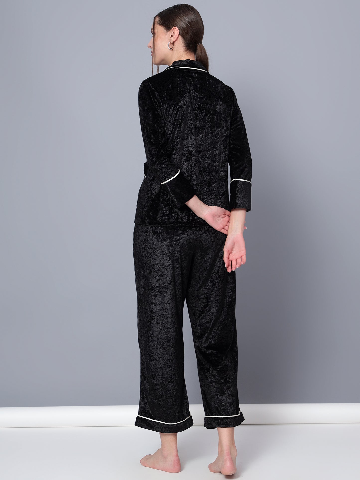 Golden Kite Solid Women's Black Knotch Collar Night Suit with 2 Pocket and Button Details