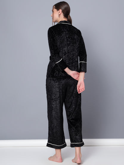 Golden Kite Solid Women's Black Knotch Collar Night Suit with 2 Pocket and Button Details