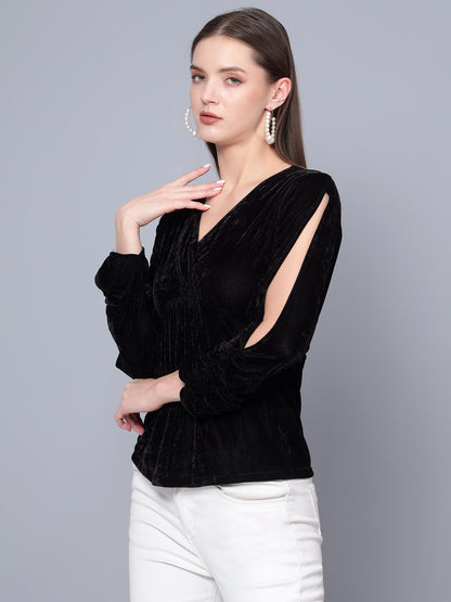 Golden Kite Black Women Solid Wrap Neck ,Sleeve Cut Gather detail Top