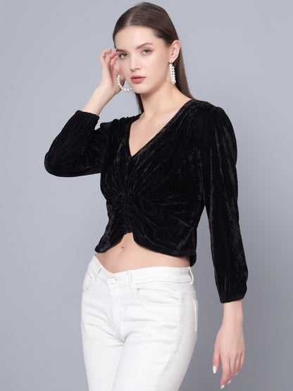 Golden Kite Black Women Solid V-Neck Crop Top Gather Detail