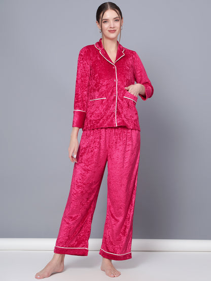 Golden Kite Solid Women's Black Knotch Collar Night Suit with 2 Pocket and Button Details