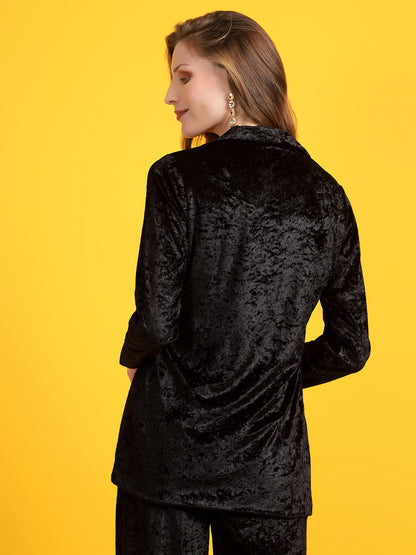Golden Kite Black Solid Women Single-Breasted Velvet Blazer .