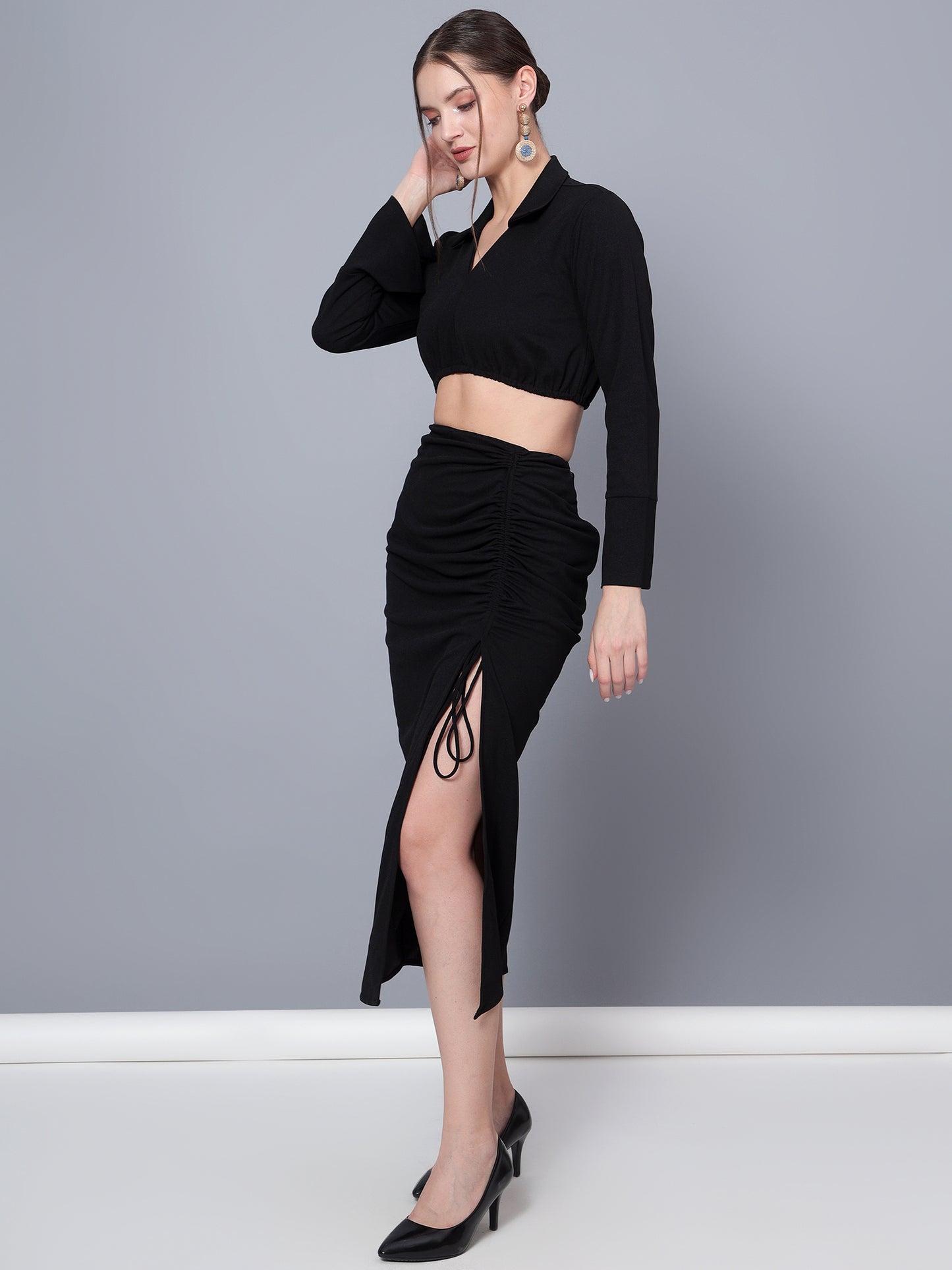 Golden Kite Trendy Black Solid Women Crop Top & Drape Skirt Set