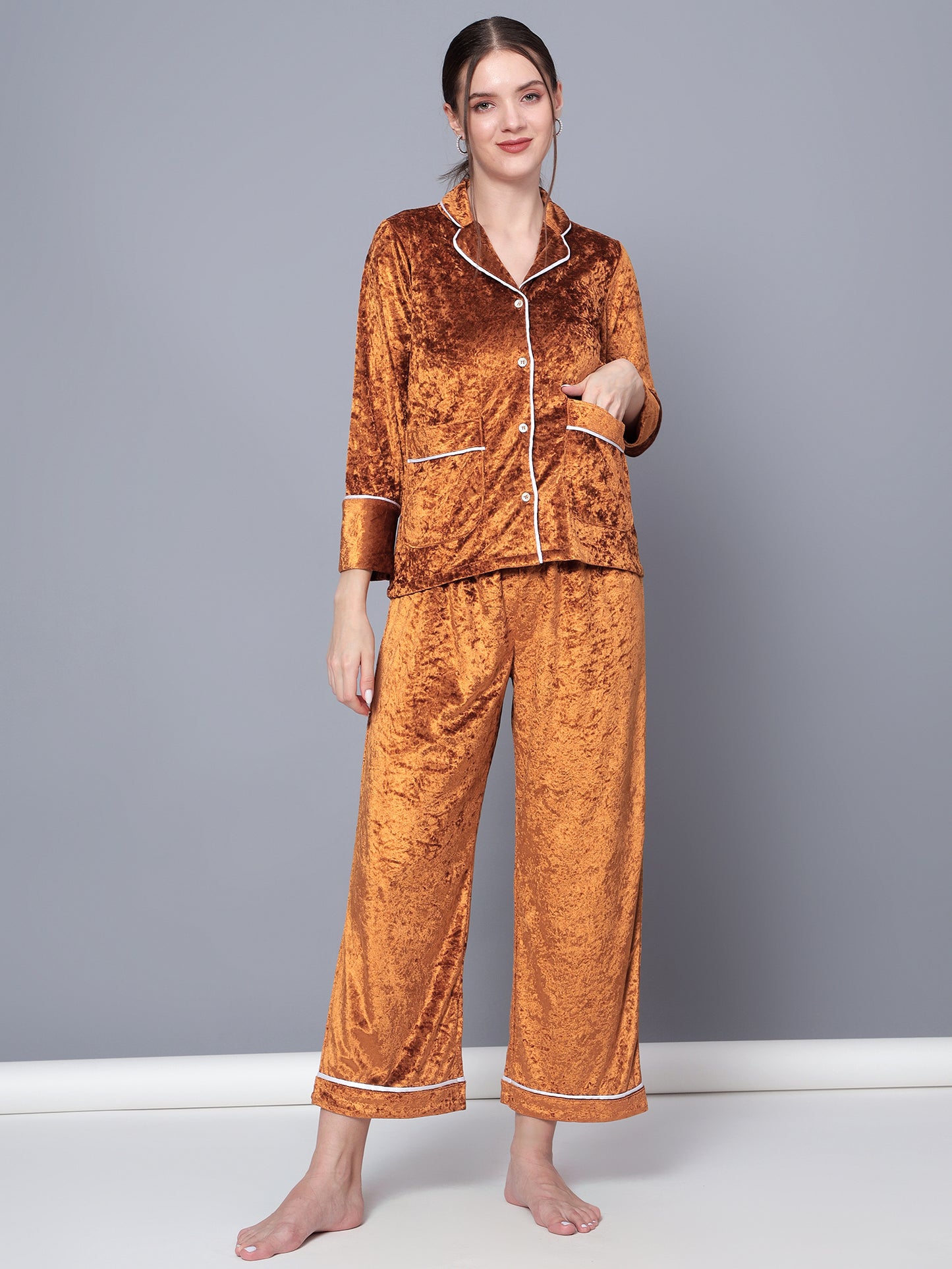 Golden Kite Solid Women's Black Knotch Collar Night Suit with 2 Pocket and Button Details