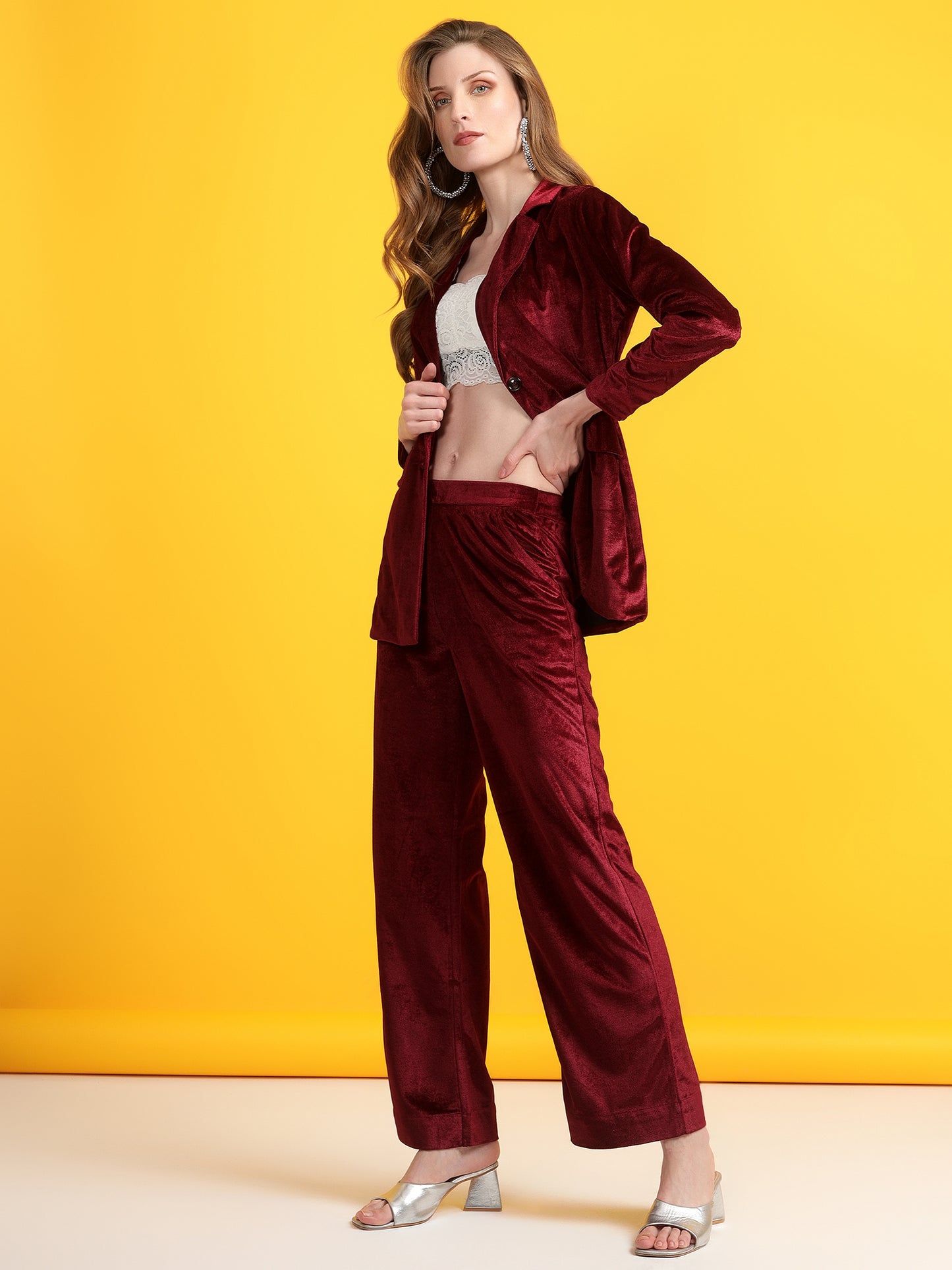 Golden Kite Black Solid Women Single-Breasted Velvet Blazer & Trouser set