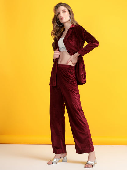 Golden Kite Black Solid Women Single-Breasted Velvet Blazer & Trouser set