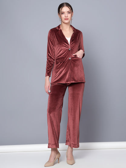 Golden Kite Black Solid Women Single-Breasted Velvet Blazer & Trouser set