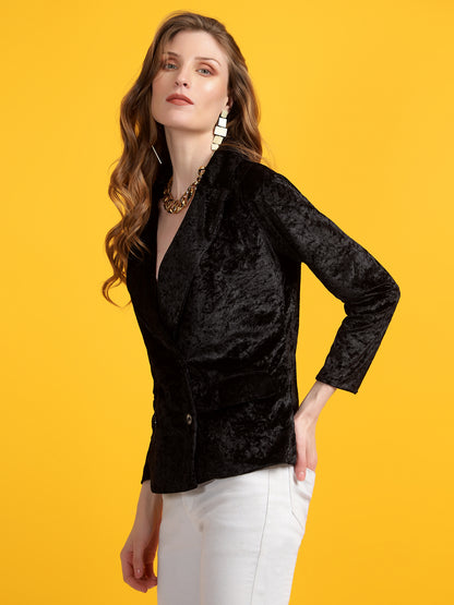 Golden Kite Black Solid Women Double-Breasted Blazer