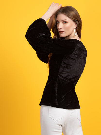 Golden Kite Black Women Solid Sweetheart Neck Bishop Sleeves Velvet Top
