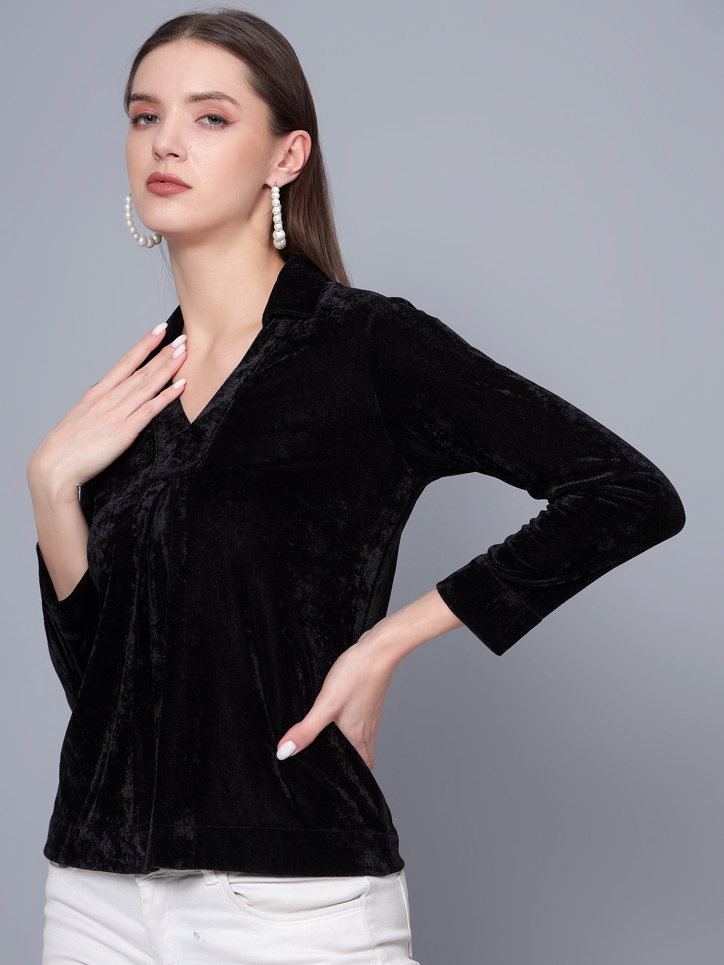 Golden Kite Black Solid Women V-Neck Collared Top