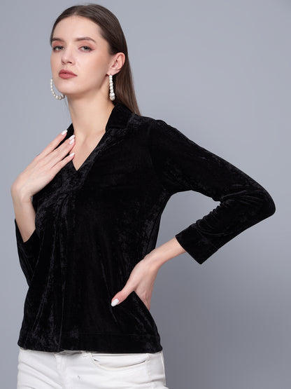 Golden Kite Black Solid Women V-Neck Collared Top