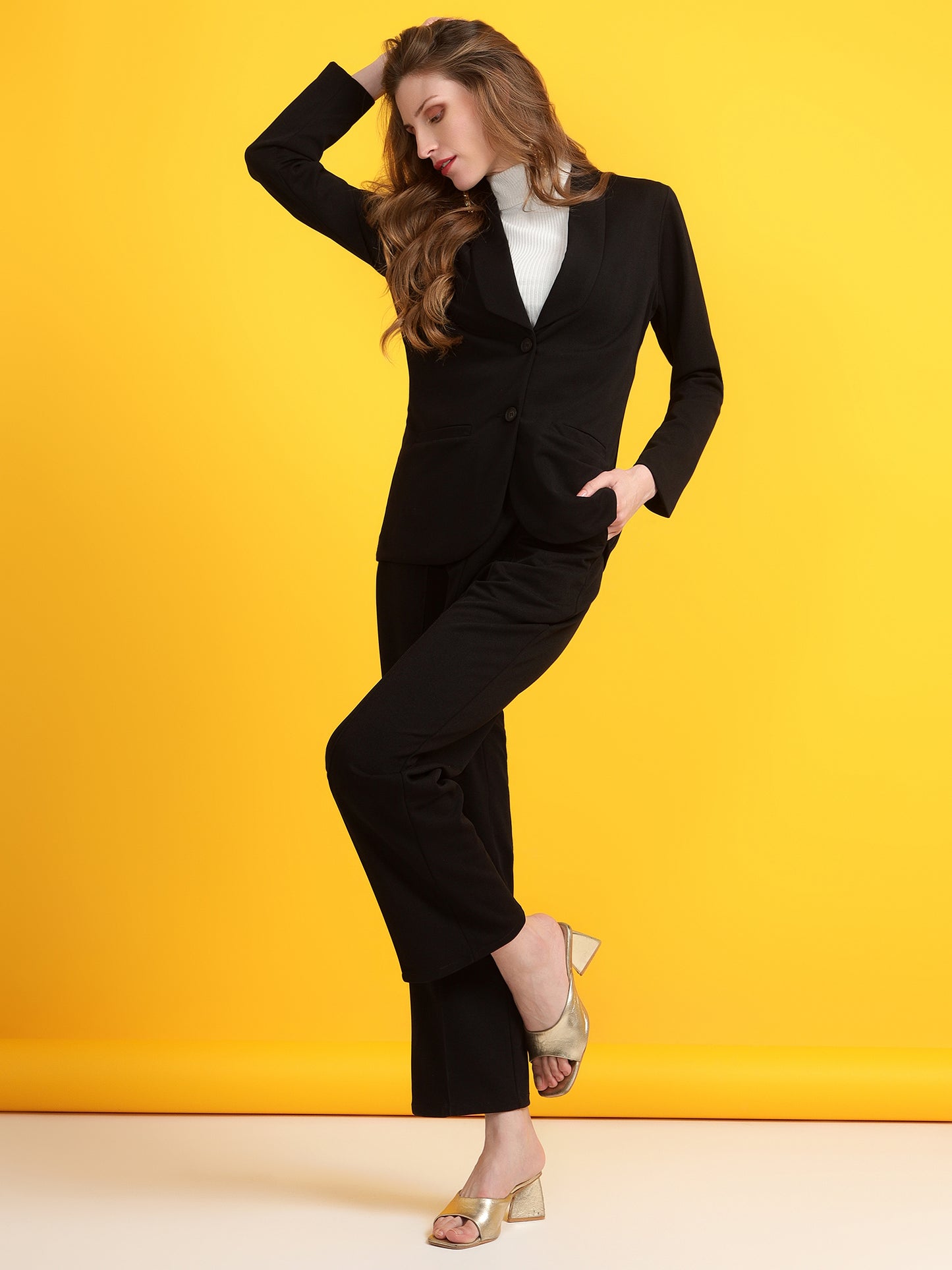 Golden Kite Black Women Solid Regular Fit Single Breasted 2-Piece Suit