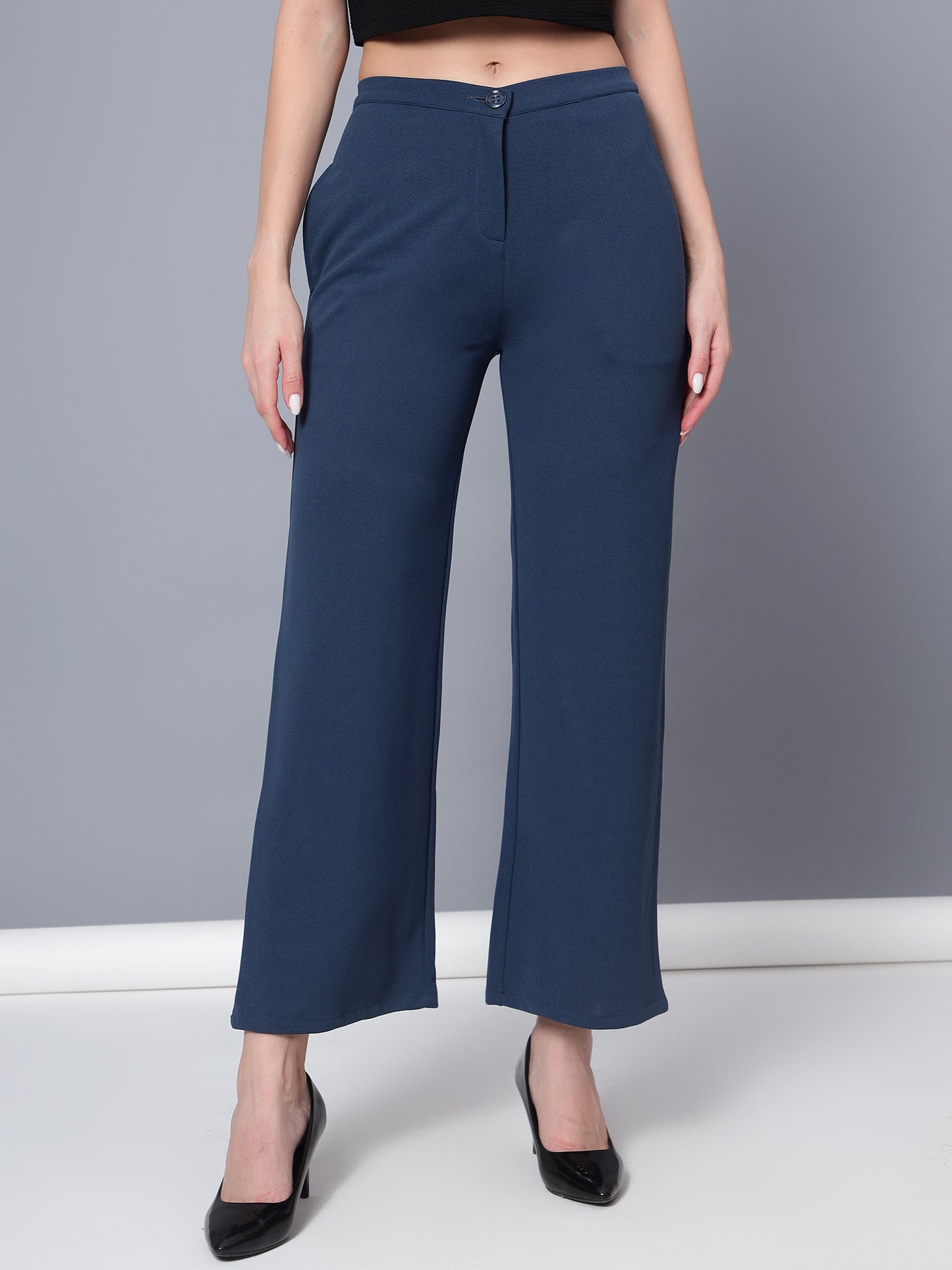 Golden Kite Solid High-Rise Trouser, has a elasticated waistband with button closure with zip fly & 2 pockets Casual Pant
