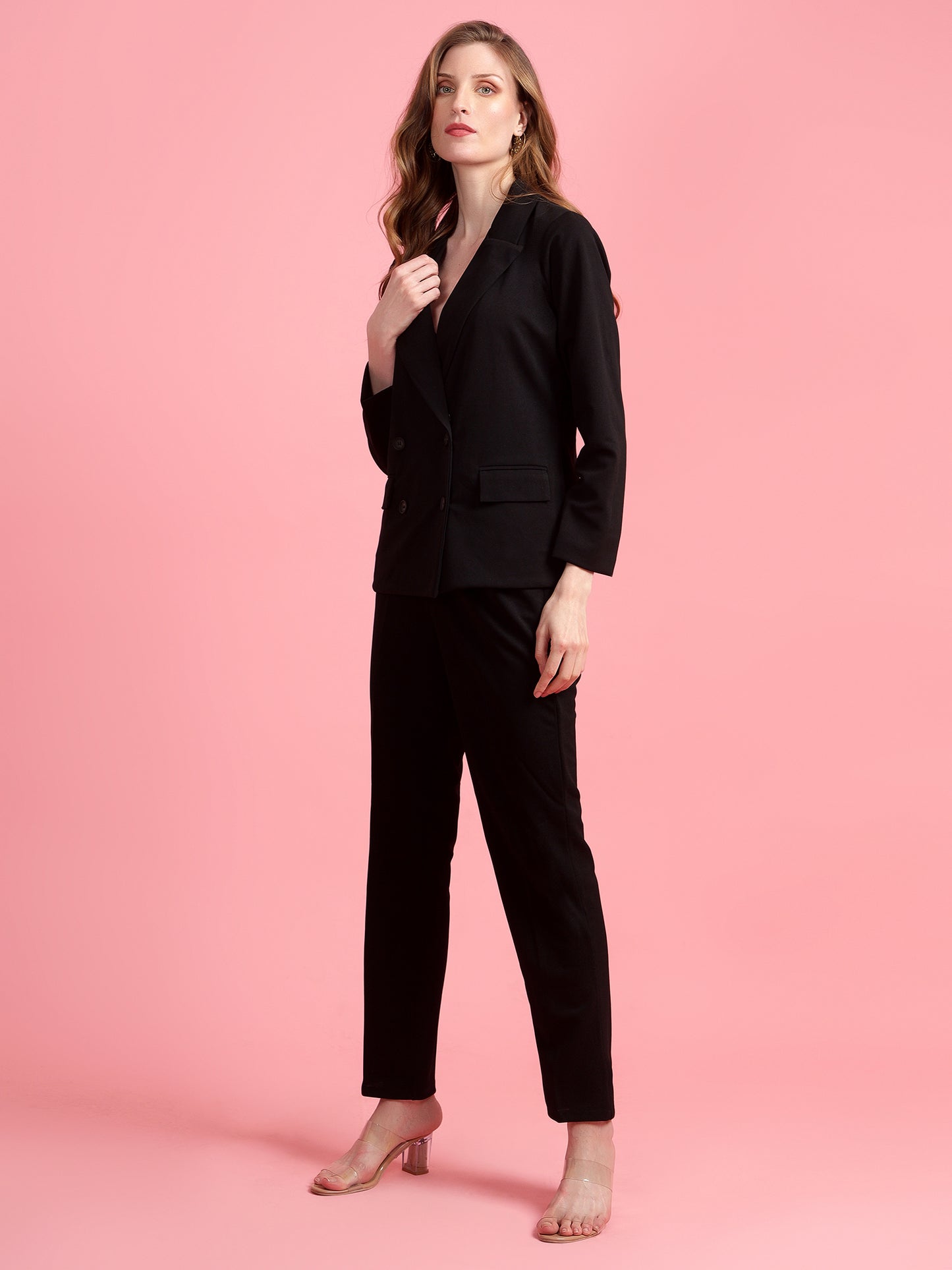 Golden Kite Black Solid Women Double-Breasted Blazer & Trouser set
