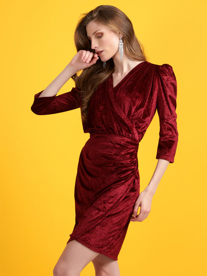 Golden Kite Black Solid Velvet Wrap ,Midi Puff sleeve Dress