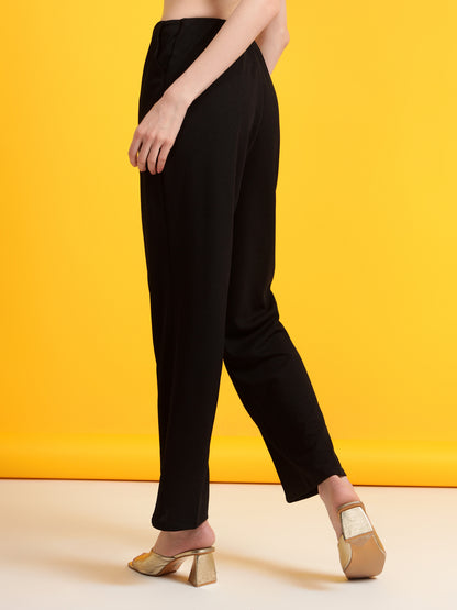Golden Kite Black Solid High-Rise Trousers a slip on closure, and two pockets Casual Trouser