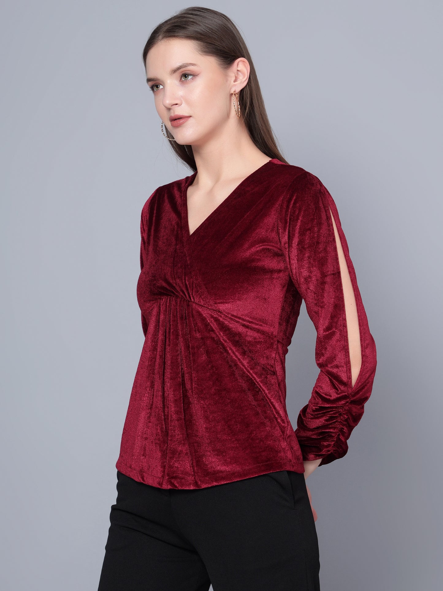 Golden Kite Black Women Solid Wrap Neck ,Sleeve Cut Gather detail Top