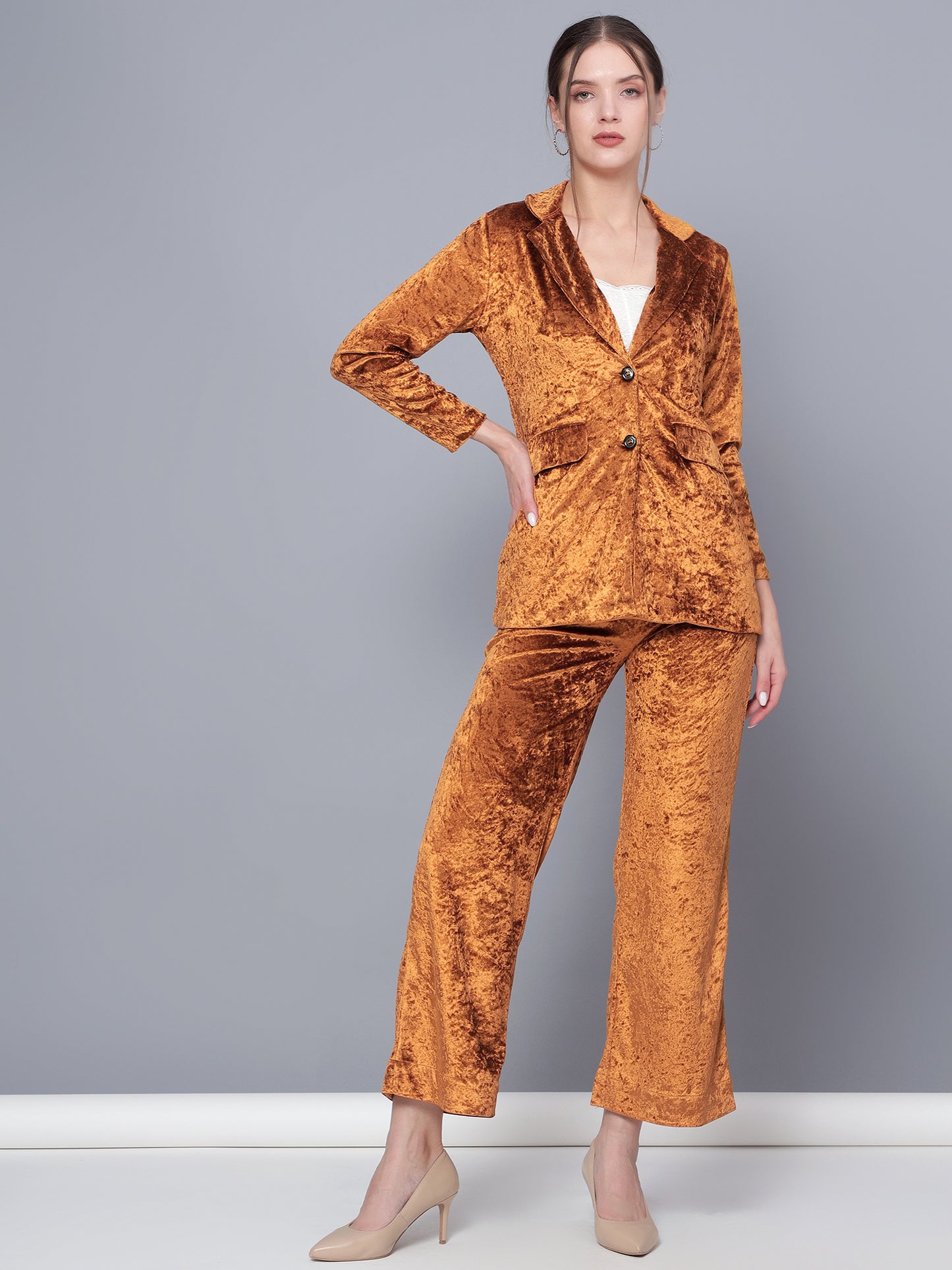 Golden Kite Black Solid Women Single-Breasted Velvet Blazer & Trouser set