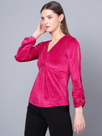 Golden Kite Black Women Solid Wrap Neck ,Sleeve Cut Gather detail Top