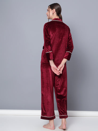 Golden Kite Solid Women's Black Knotch Collar Night Suit with 2 Pocket and Button Details