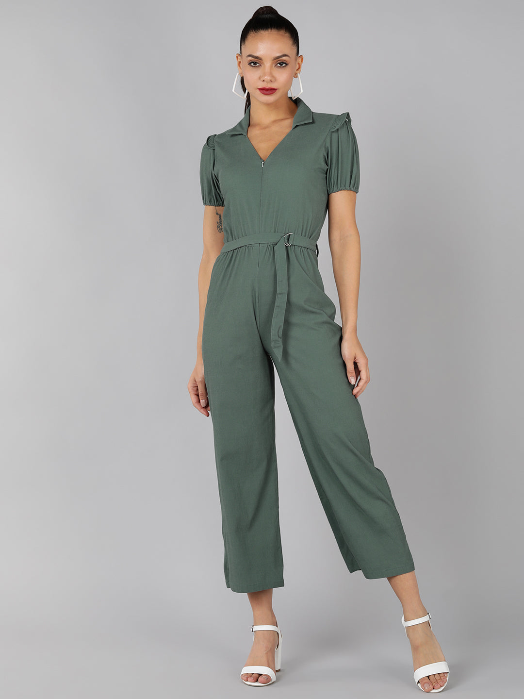 Golden Kite V-Neck Collar Puff Sleeve  Front Zip Jumpsuit Frill Detail