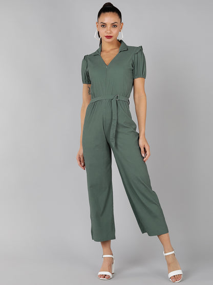 Golden Kite V-Neck Collar Puff Sleeve  Front Zip Jumpsuit Frill Detail